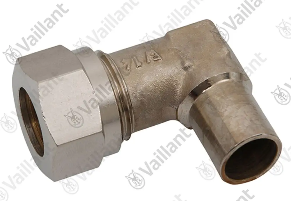 Vaillant Edelstahlverschraubung in Winkelform mit einem Gewindeansatz und einem Anschluss für Rohrleitungen, erkennbar an der markanten Form und dem Material.